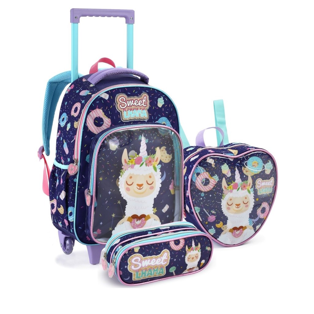 Kit Escolar Infantil Lhama, Mochila de Rodinhas, Lancheira Térmica e Estojo