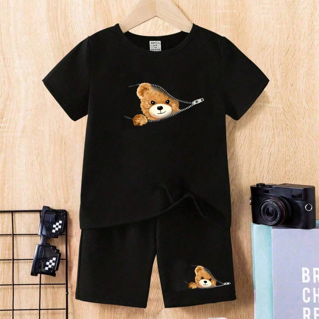 Conjunto Camiseta + Shorts Bermuda Urso Infantil Moda Kids Estampado Kit Conjunto Infantil Menino
