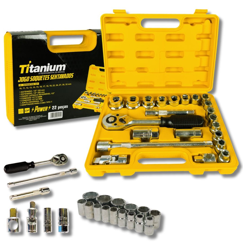 Jogo De Soquetes Sextavados Com Chave de Catraca 1/2Pol. 22 Peças Marca Titanium Mecânica Automotiva em Oferta na Shopee