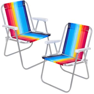 Cadeira de Praia Alta em Alumínio Degrade Azul, Amarelo e Vermelho com 2 UNI BEL em Oferta na Shopee