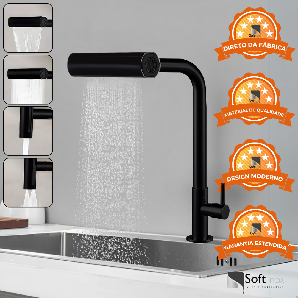 Torneira Gourmet Cozinha Bancada Parede 4 Jatos em 1 Preta Dourada Cromada Metal