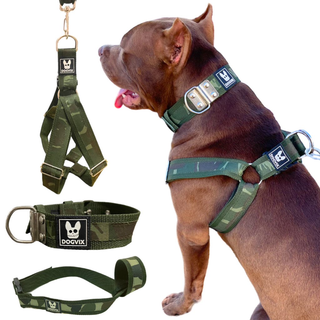 Kit COMPLETO para Cachorro ( Coleira, Guia, Peitoral, Focinheira ) - Camuflado Militar Tático Pet