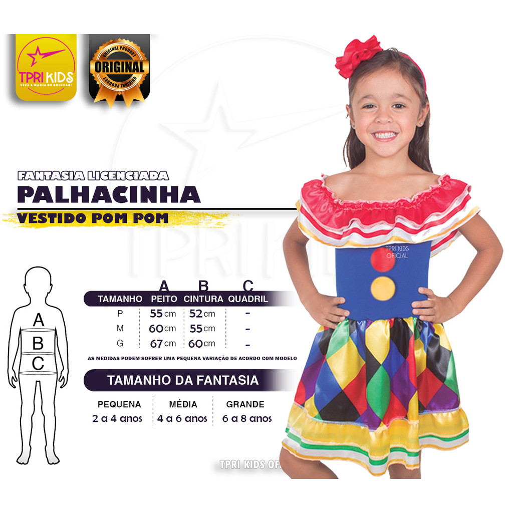 Fantasia Infantil Menina Vestido Palhacinha Colorida Festa Temática Pom Carnaval Frevo Circo Junina