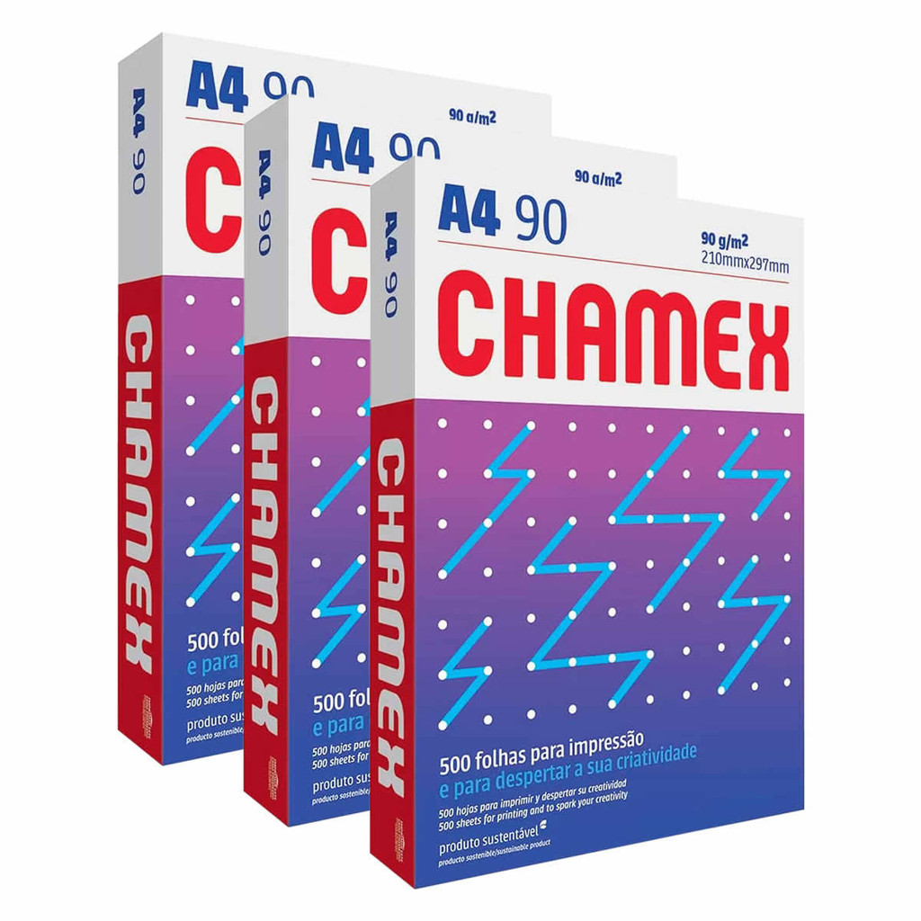 Papel Chamex Super A4 90g Sulfite Branco 210x297mm com 1500 folhas (3 Resmas com 500 folhas cada)
