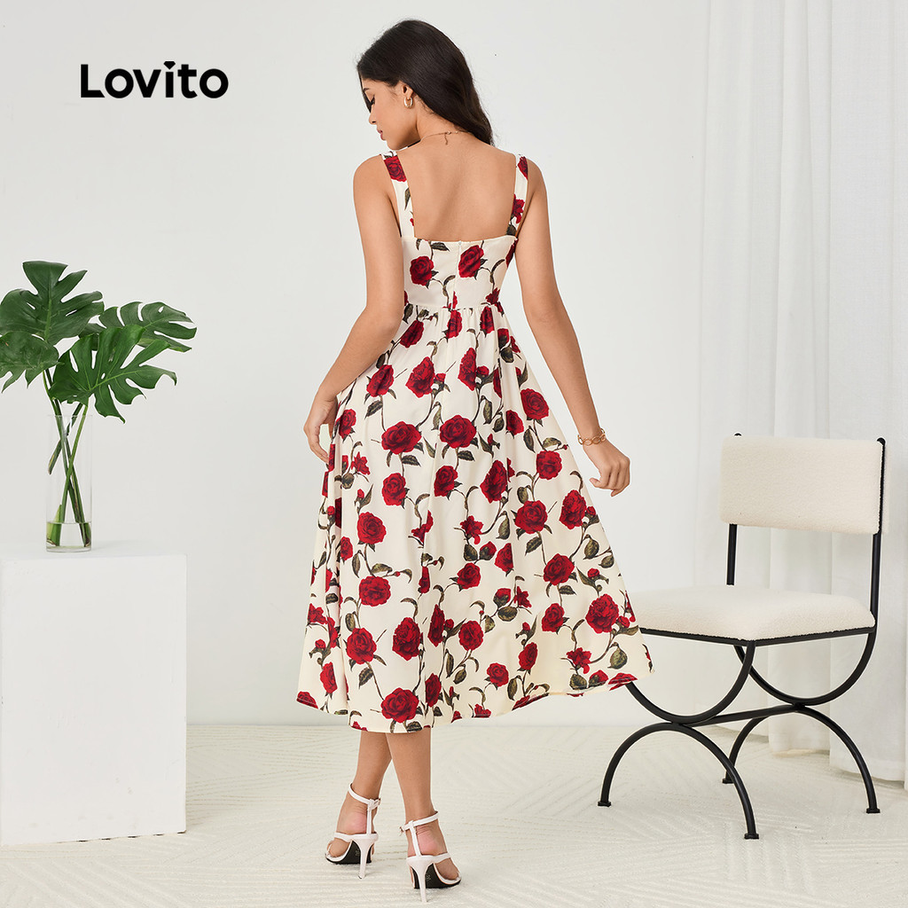 (Trendy) Lovito Vestido Casual com costura em tecido Floral e nó plissado para mulheres LBL23194 em Oferta na Shopee