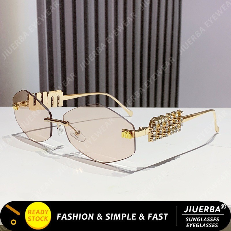 (JIUERBA) Óculos De Sol Da Moda De Metal Sem Moldura Com Diamante Feminino Letras E Pernas De
