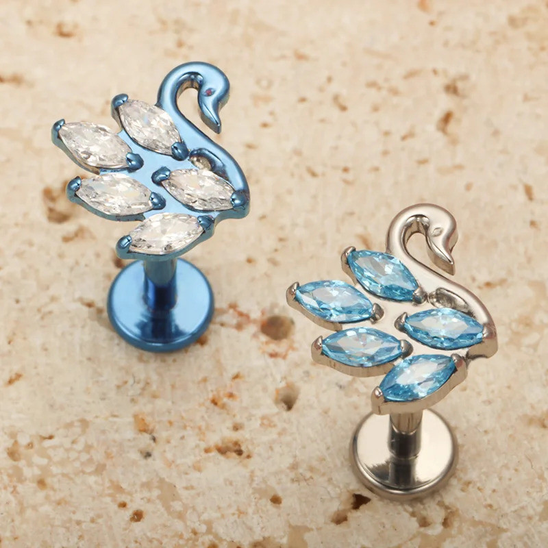 ASTM F136 Titanium Swan Flat Piercing Cubic Zirconia Asa Cisne Tragus Brincos Orelha Lip Helix Studs — imagem 2 de 2
