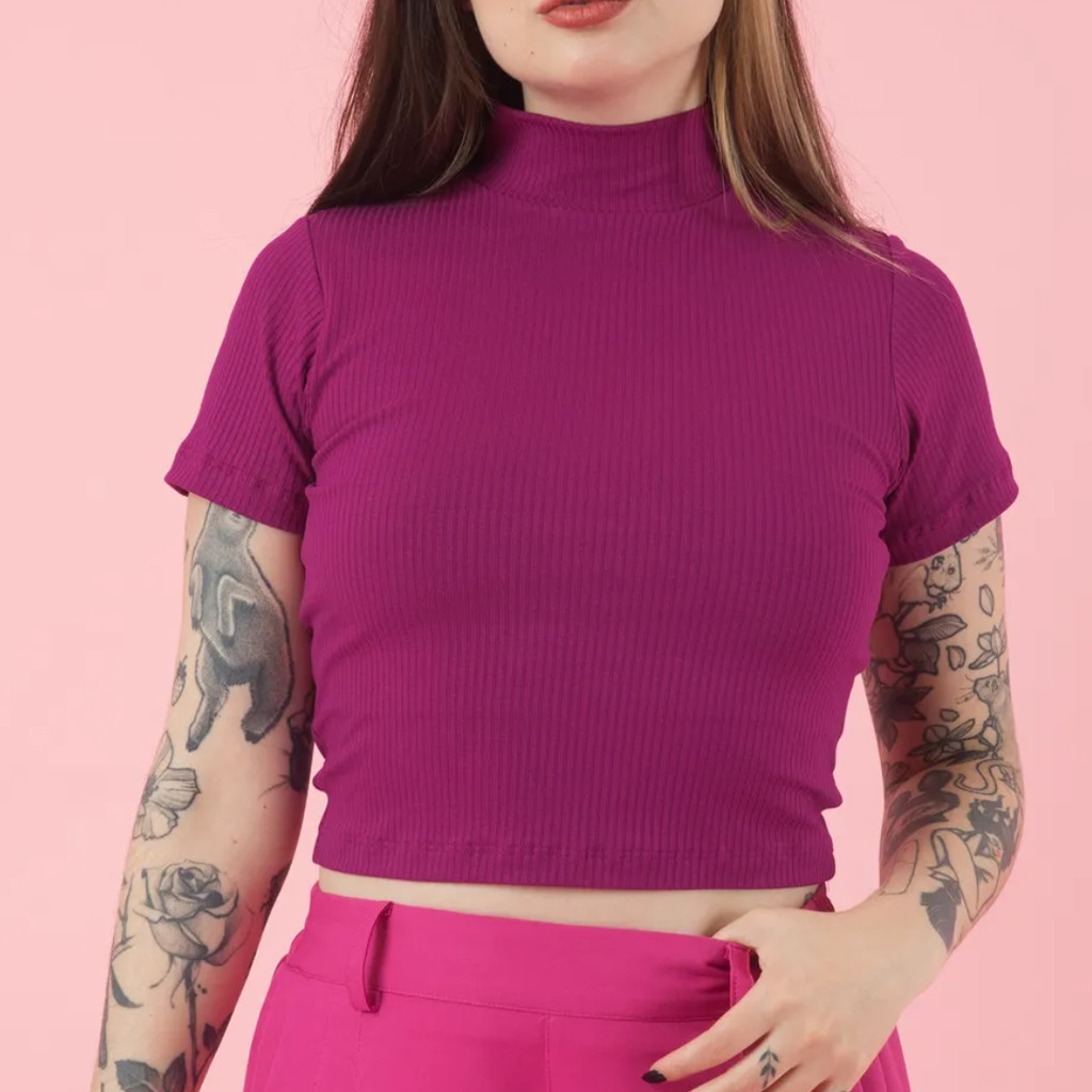 Blusa Cropped Gola Alta Canelada - Blusinhas croppeds cores variadas