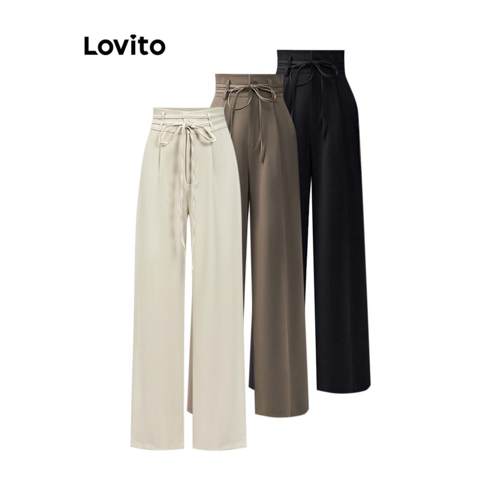 Lovito Calça Elegante Calça Lisa Com Cadarço Para Mulheres LNE31118 (Marrom/Preto) em Oferta na Shopee