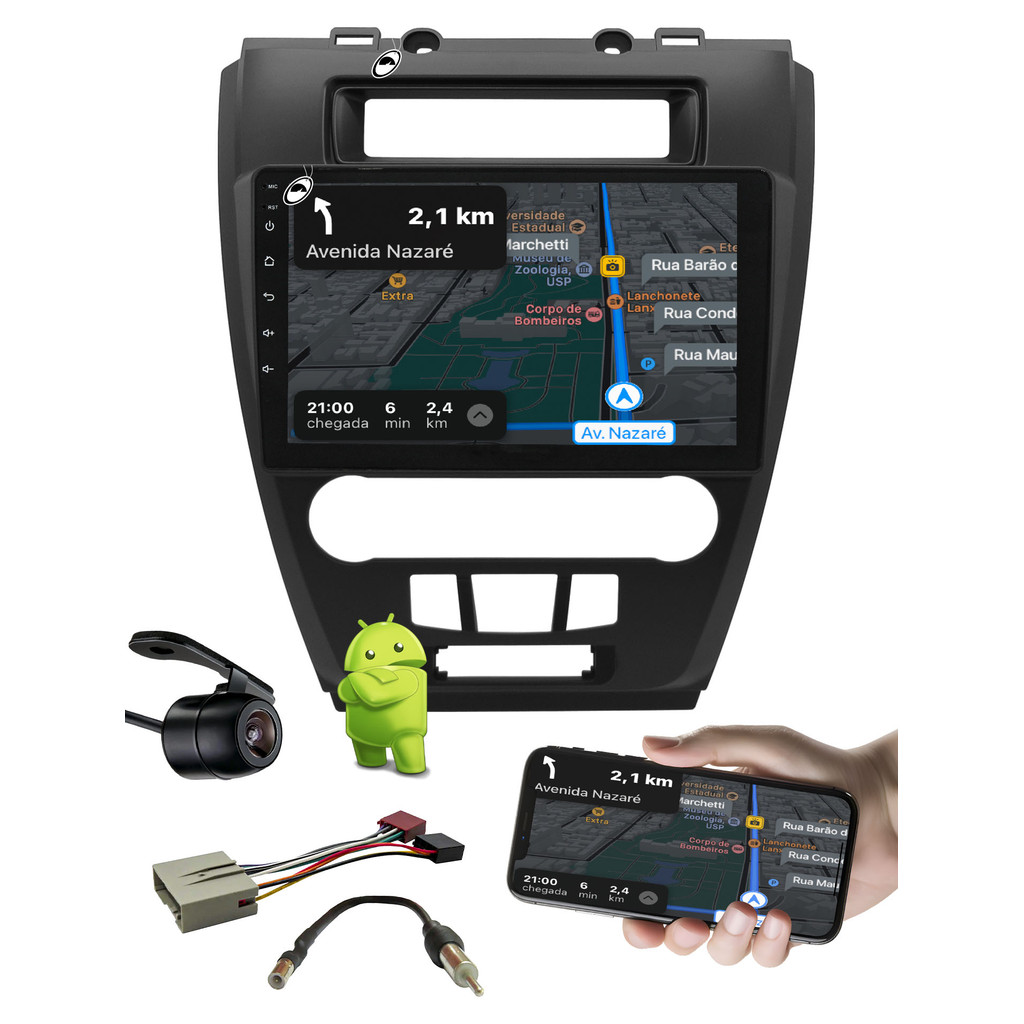 Multimidia 10" Android Fusion 2009 a 2012 Comando Volante Android Auto CarPlay + Câmera de Ré