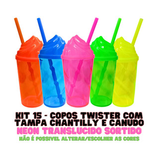 KIT 15 COPOS TWISTER 300ML COM TAMPA CHANTILLY E CANUDO NEON SORTIDO PARA FESTA ANIVERSÁRIO em Oferta na Shopee