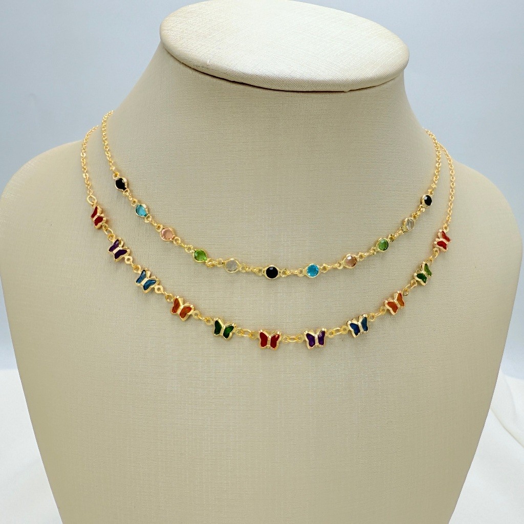 KIT 2 Choker Colorido redondo  + Colar Com coração e borboleta Prateado Folheado  A Prata 925 e ouro 18k