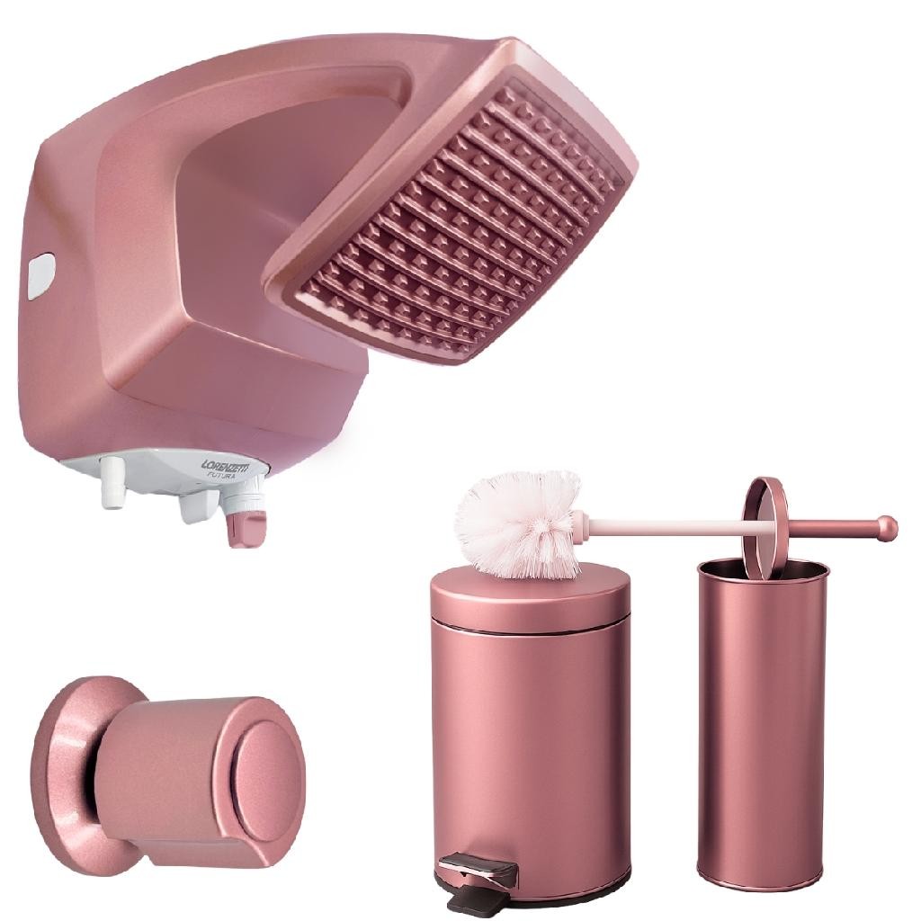 Kit Banheiro Rose Chuveiro Lorenzetti 220V e Lixeira 3L e Escova Sanitária e Acabamento de Registro