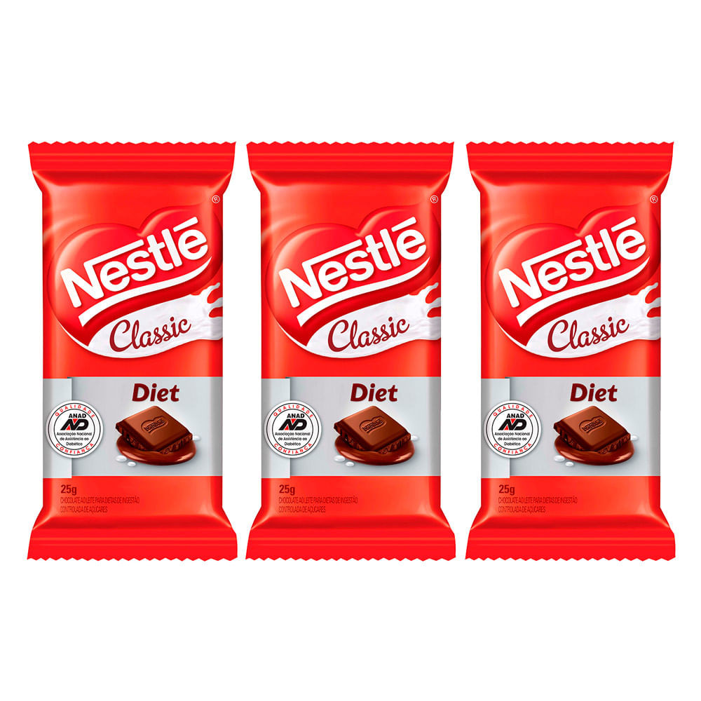 Kit 3 Chocolate Nestlé Classic Diet com 25g - Food & Beverages
