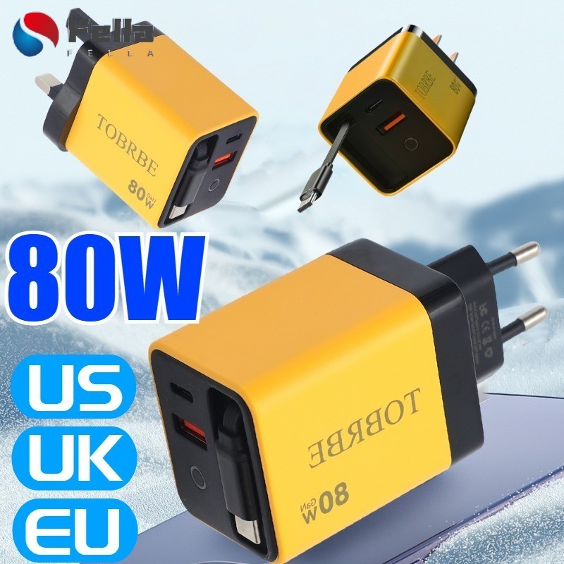 Carregador De Viagem Portátil 80W GaN 3 Portas | Cabo USB-C Retrátil , Carregamento Rápido PD 30W Para Laptop/Tablet/Tel