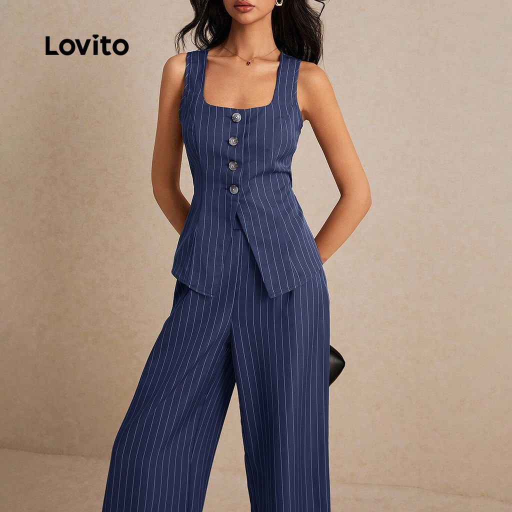 (Trendy) Lovito Conjuntos elegantes de calças listradas com botão frontal e amarração nas costas para mulheres LBL23201 em Oferta na Shopee
