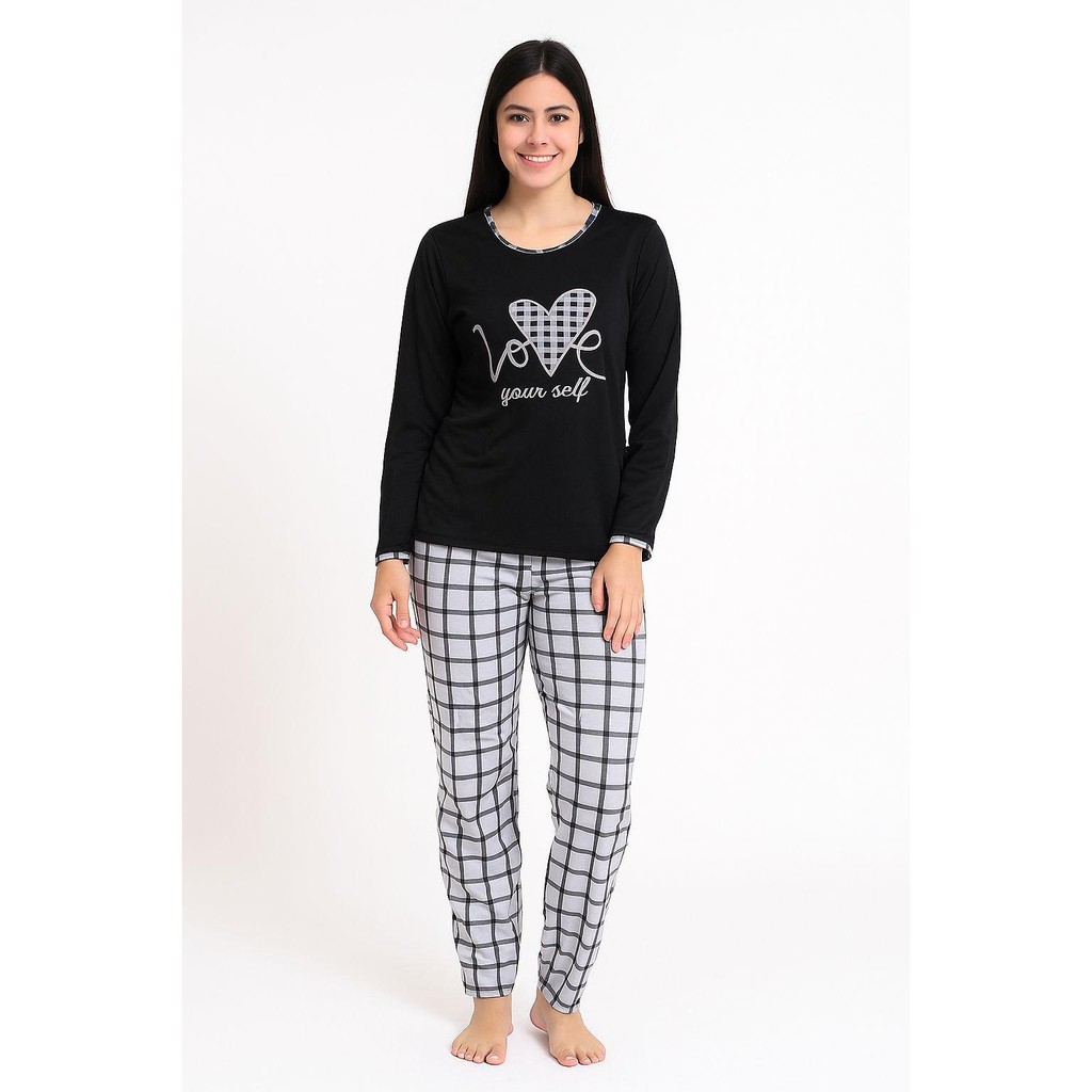 Pijama Longo Feminino Malha Adulto Manga Comprida Dejule Love Xadrez