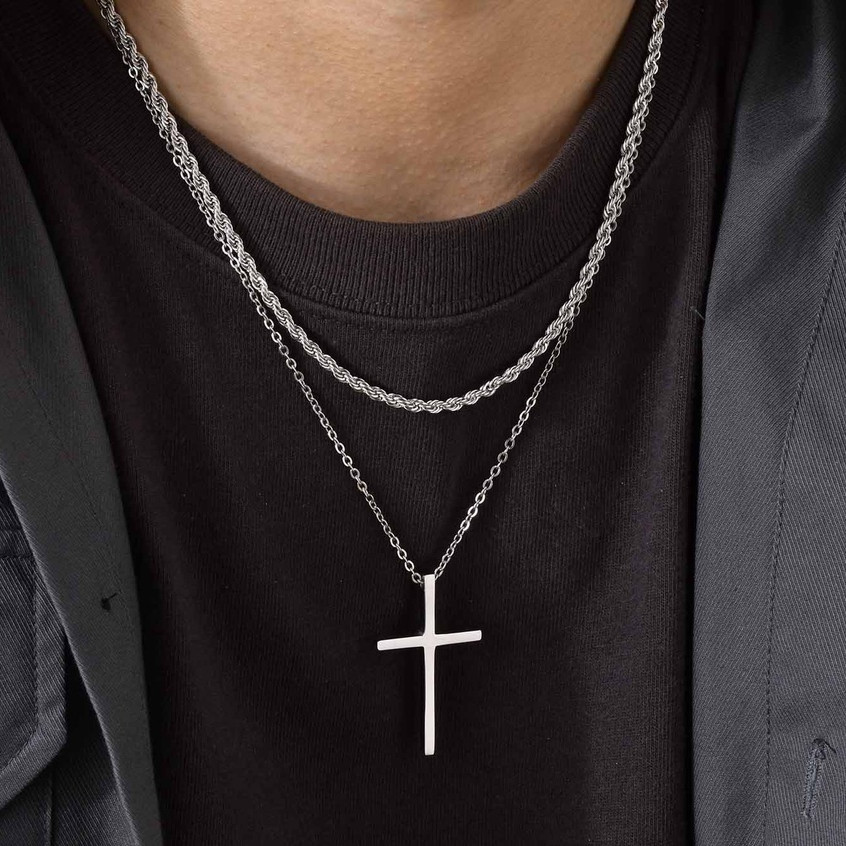 kit 2 corrente camadas cruz colares para homem cuboid cuboid cubana corda caixa de corrente colares em Oferta na Shopee