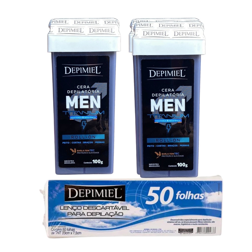 Kit 50 Folha Lenço Descartável E 2 Cera Roll-on Men Depimiel