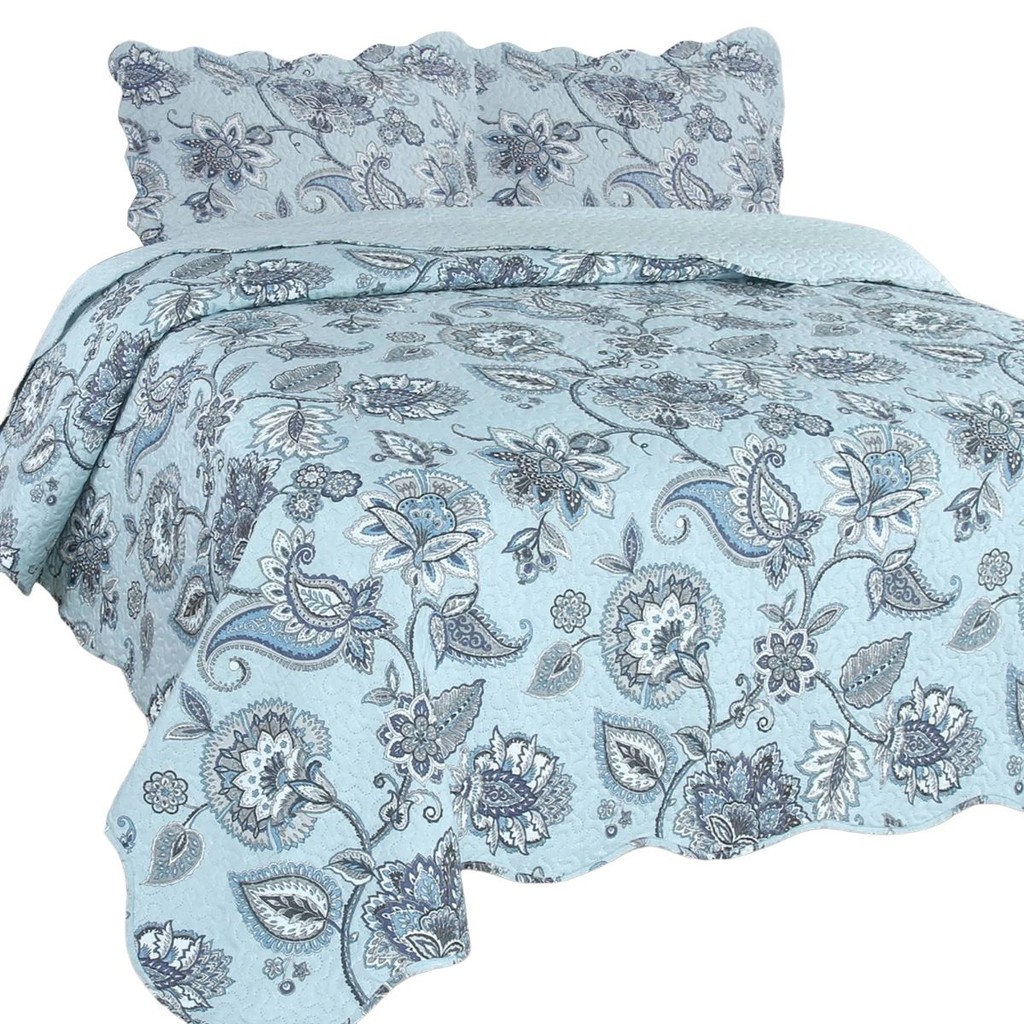 Kit Colcha Cobre Leito Queen Floral 3 Peças Araguaína Azul Dupla Face Jolitex