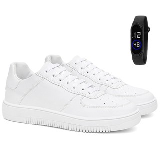 Tenis Air Branco Preto Force Masculino Feminino Básico Casual Confortável Leve + Relógio Slim Kit