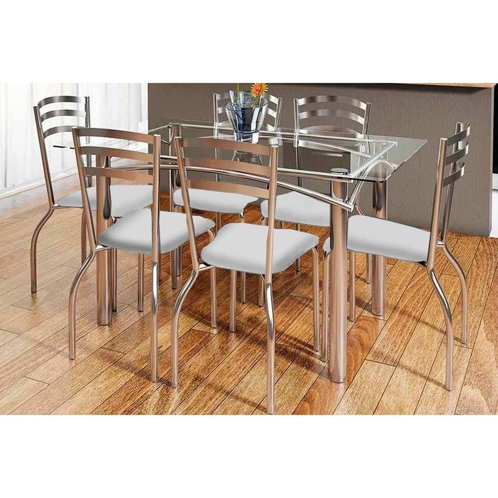 Sala de Jantar Completa Elba c/ Tampo Vidro 150cm + 6 Cadeiras Portugal Cromado/Courano Branco - Kappesberg em Oferta na Shopee