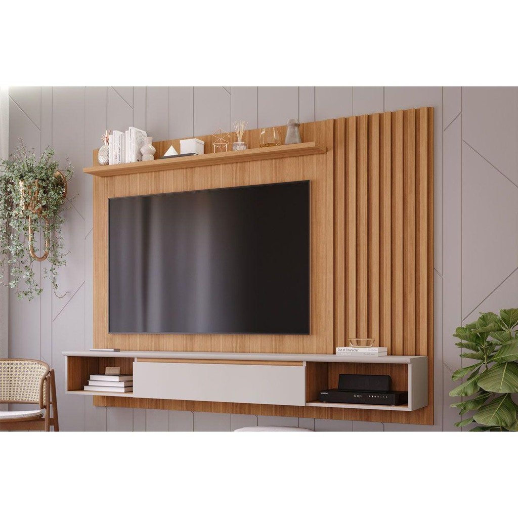 Painel Quarto p/ TV até 65 Pol Bahamas Ripado c/ 1 Porta 215X157cm Nature/Off White - Permóbili em Oferta na Shopee