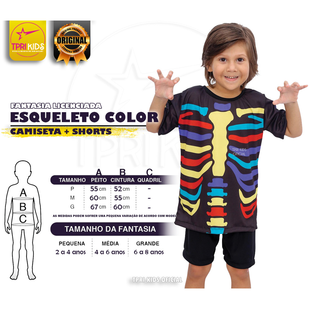 Fantasia Infantil Menino Esqueleto Colorido Halloween Camiseta Bermuda Festa Temática Carnaval Top 2