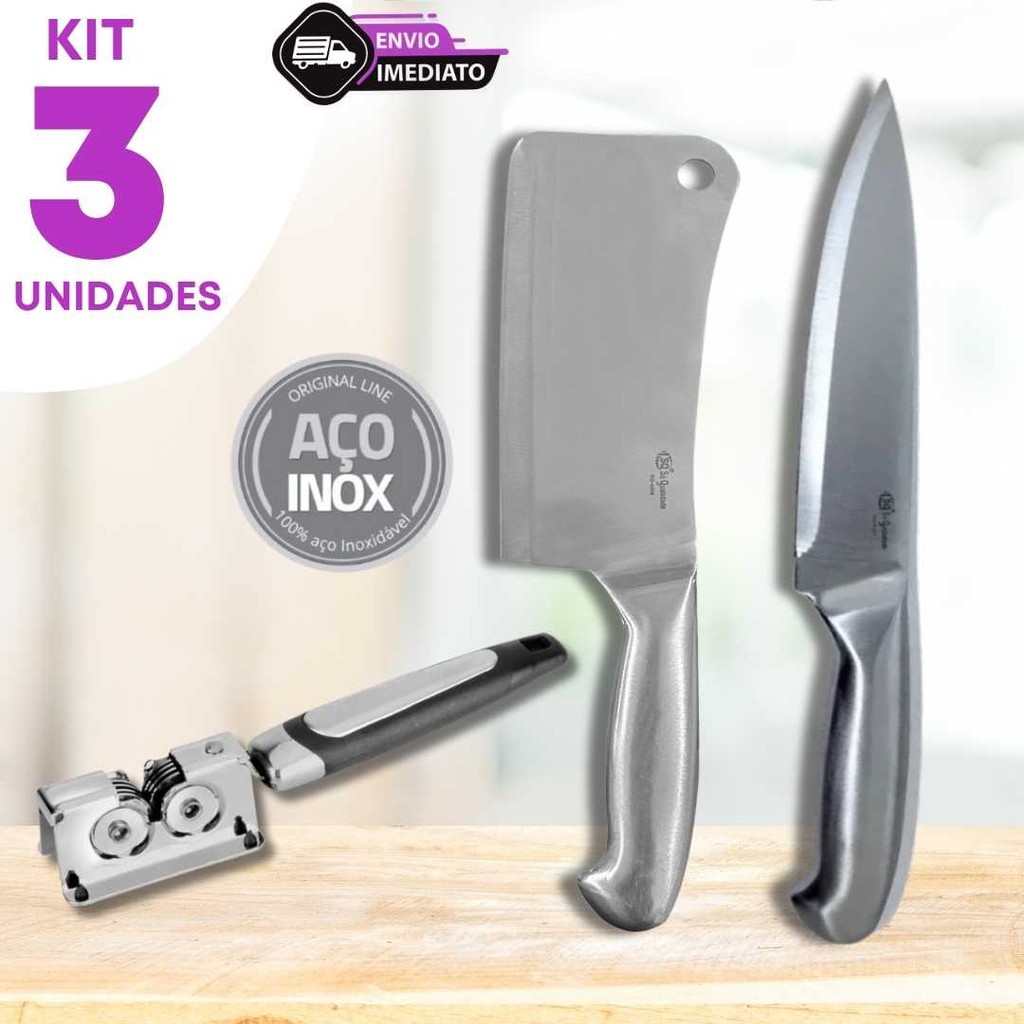 Combo 3 Pecas Cutelo 6" Faca Peixeira 7" e Afiador Corte Preciso Cozinha Churrasqueira Buffet Bar