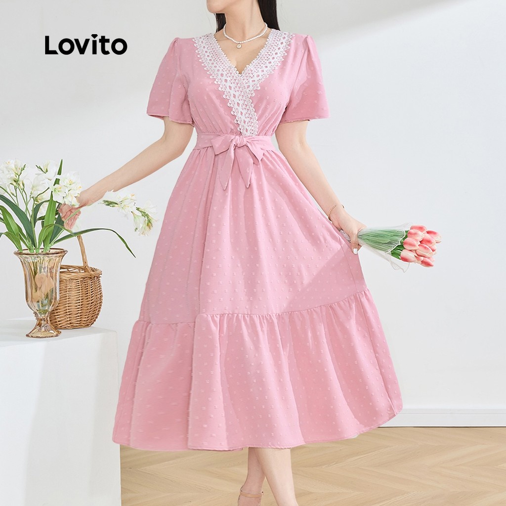 Lovito Vestido Elegante De Renda Lisa Com Babados E Gola Primavera/Verão Rosa Para Mulheres LBL25451 - Women Clothes
