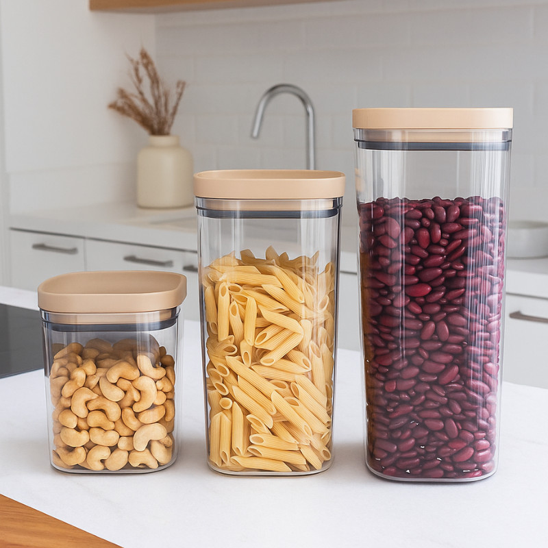 Kit 3 potes Herméticos Cozinha 1l, 1,5l e 2,2 l transparente Tampa Empilhável Capuccino Mantimentos