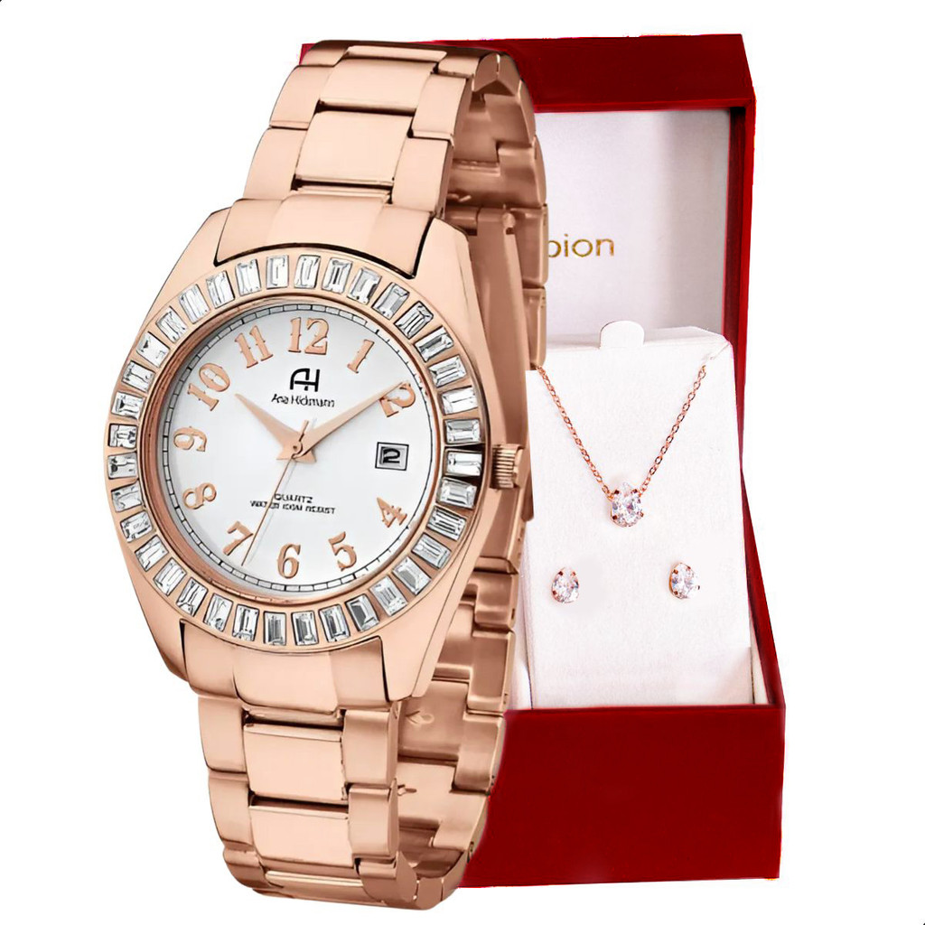 Relógio Champion Ana Hickmann Analógico Prova D'Água Aço Rosé AH20131Z Kit Colar e Brincos