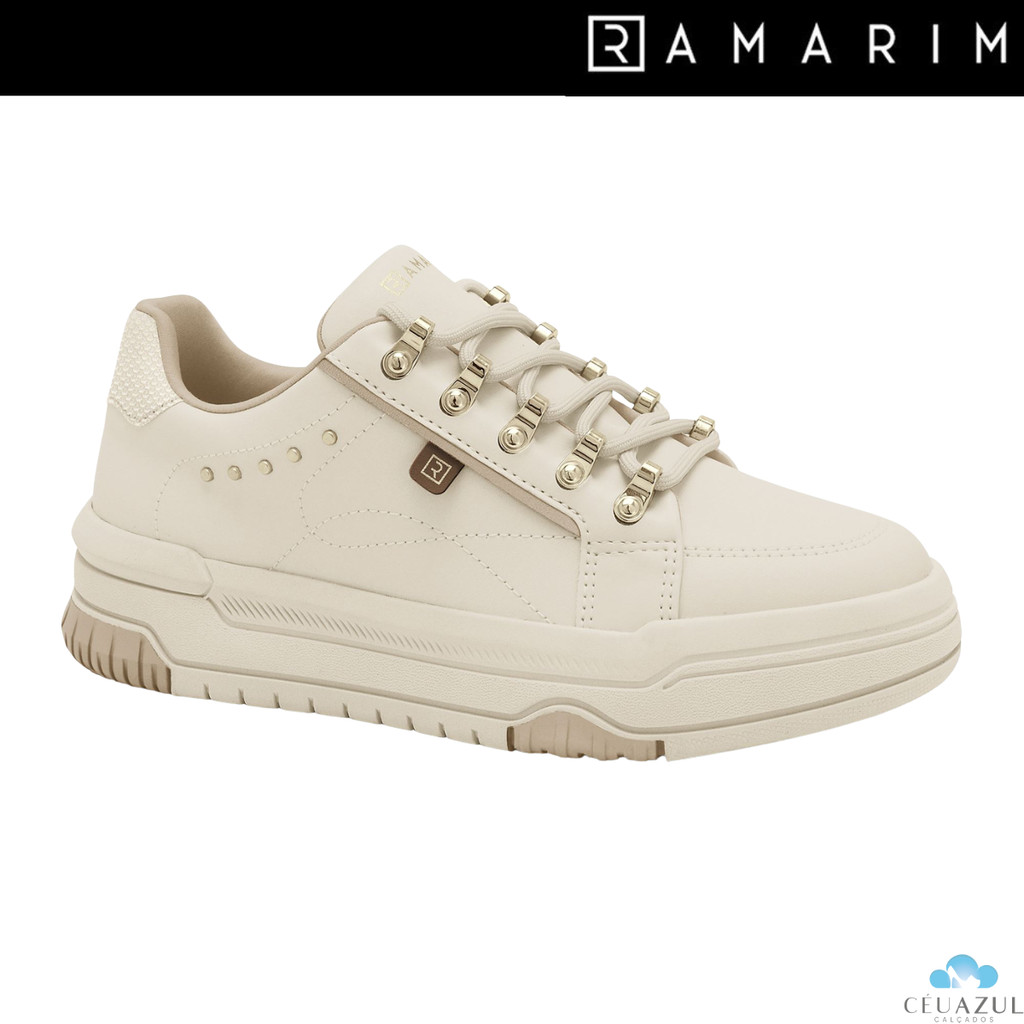 Tênis Casual Ramarim Feminino Off White Detalhes Dourados Metálicos