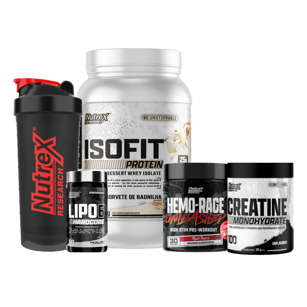 Kit Isofit Protein Premium 900g + Pré-Treino Hemo Rage 180g + Creatine 300g + Lipo 6 Hardcore + Coqueteleira Nutrex