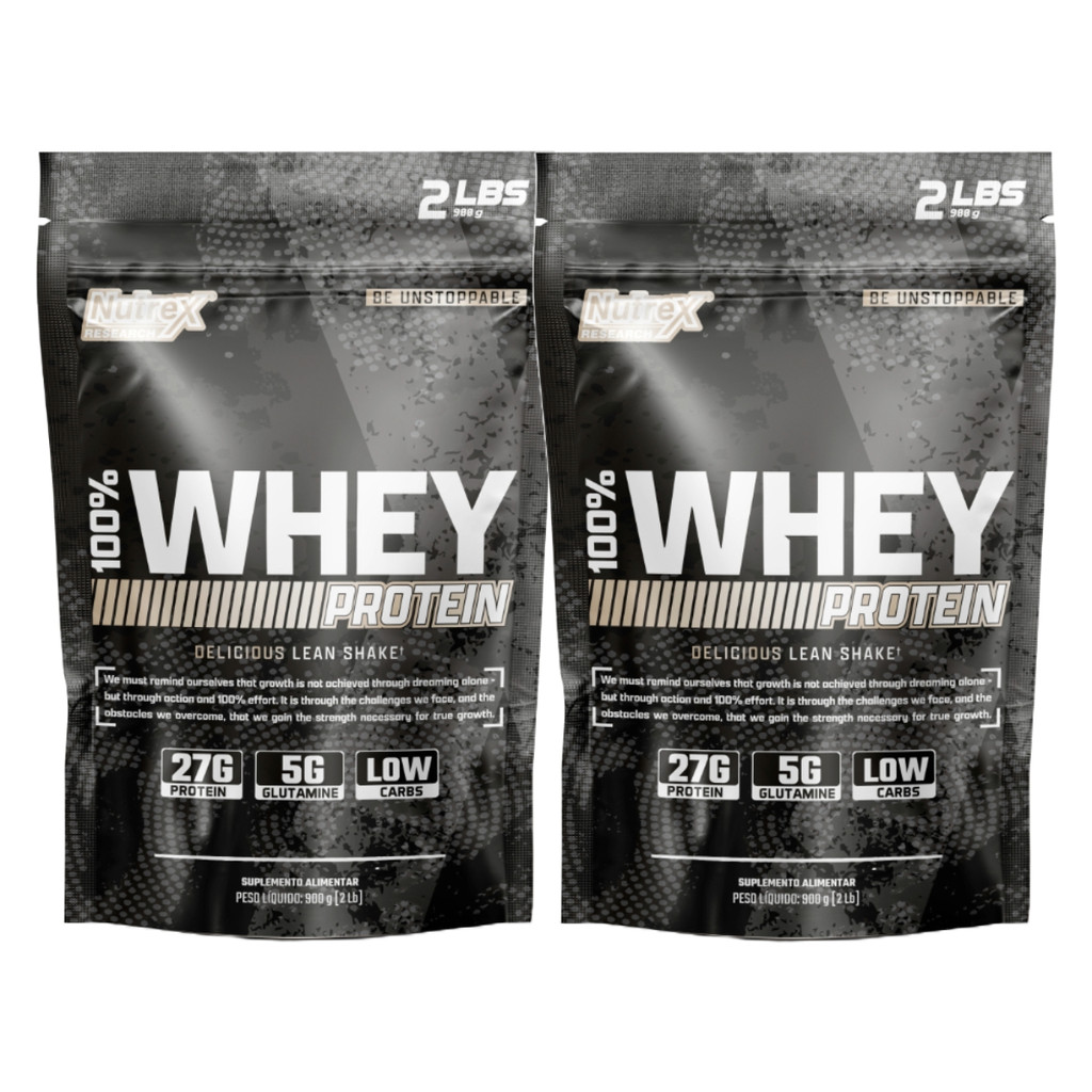 Kit 2x 100% Whey Protein Concentrado Refil 900g Nutrex Research Suplemento para Ganho de Massa Muscular