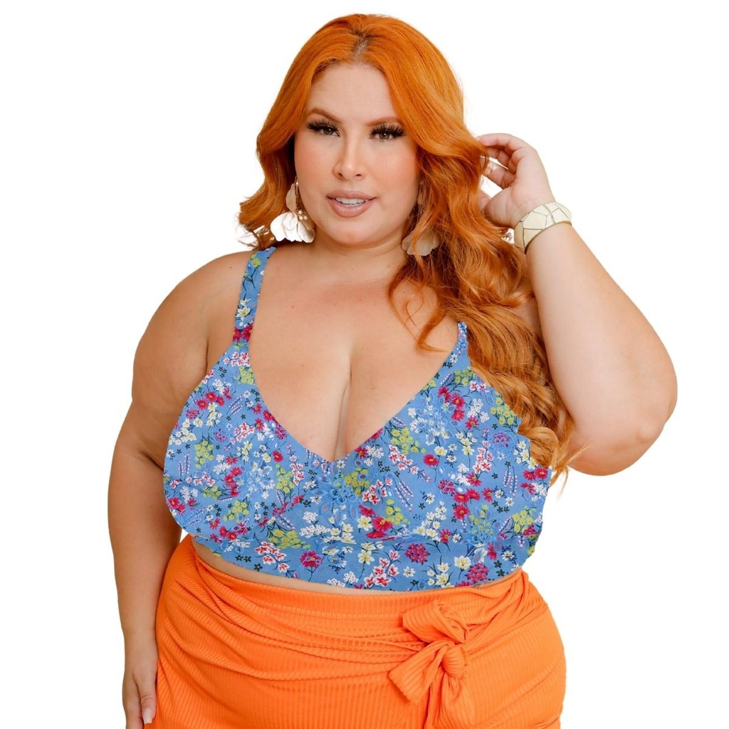 Cropped floral de alças largas decotado em V profundo com bojo forrado leise bordado 46 48 50 52