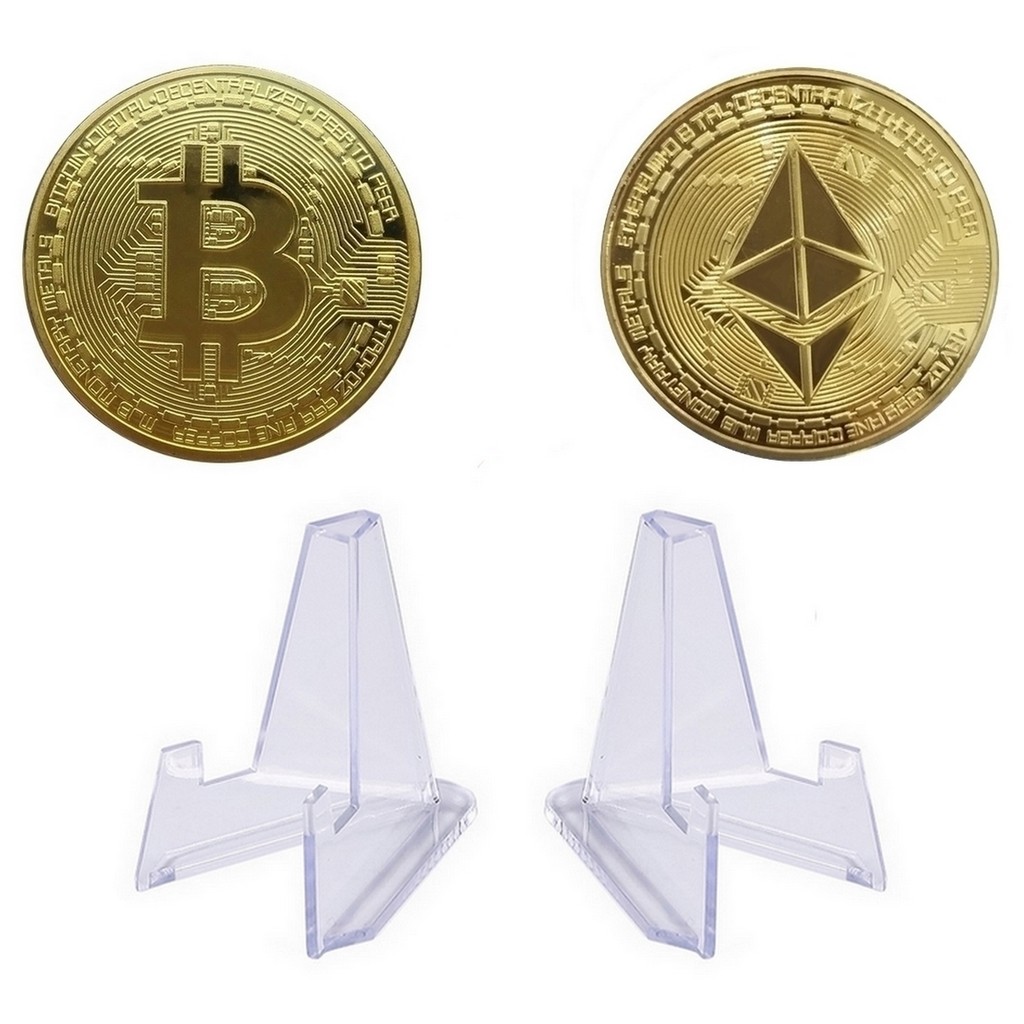 Kit 2 Moedas Física Bitcoin e Ethereum + 2 Suportes De Acrílico Coleção Criptomoeda Case Hold em Oferta na Shopee