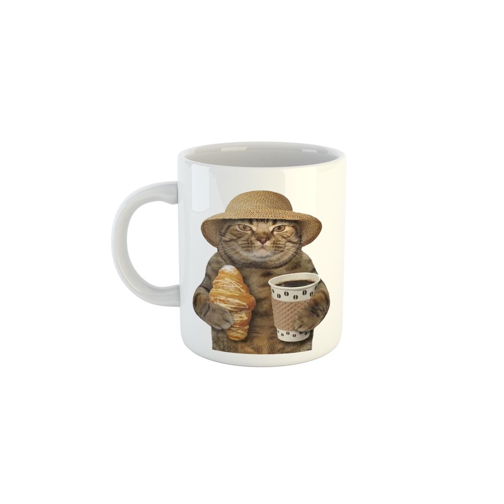 Caneca Hora do Café Croissant Gato Figurinha Engraçada em Oferta na Shopee
