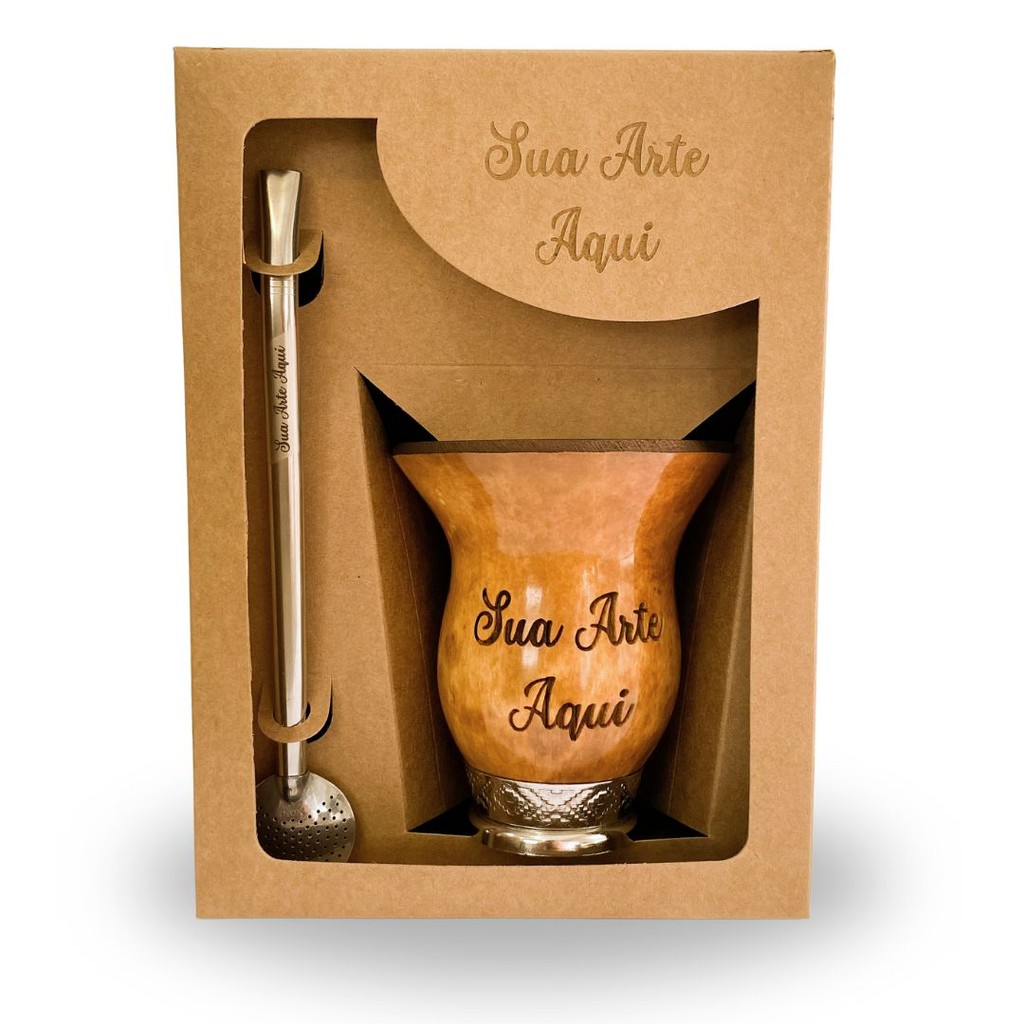 Kit Chimarrão Personalizado na Caixa - Cuia Porongo e Bomba Inox