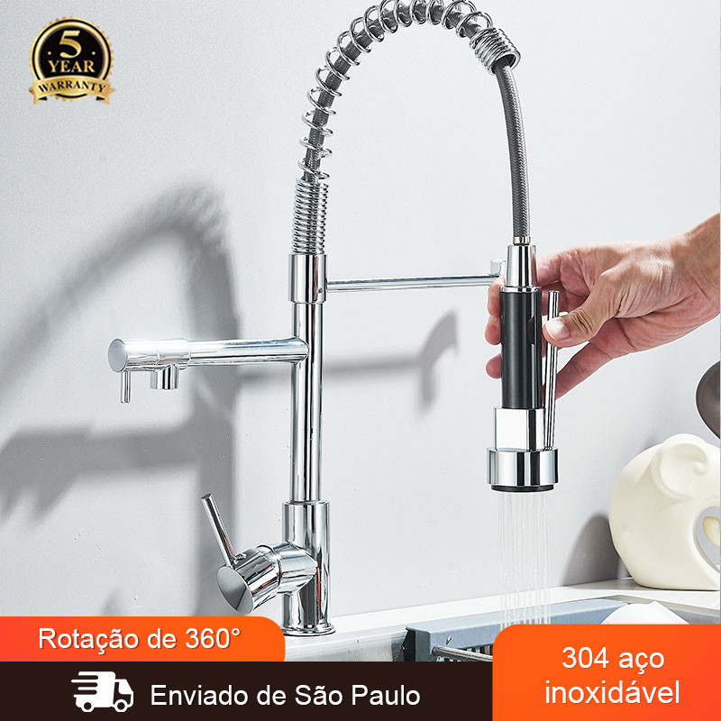 Torneira Cozinha Gourmet de Bancada Monocomando Com Duo Spray Flexível Misturador 2 Modos  Aço inox 304
