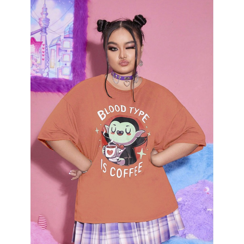 Camiseta Tumblr Coral Oversized Feminina Estampa Básica Confortável Minimalista Blood Type Is Coffee