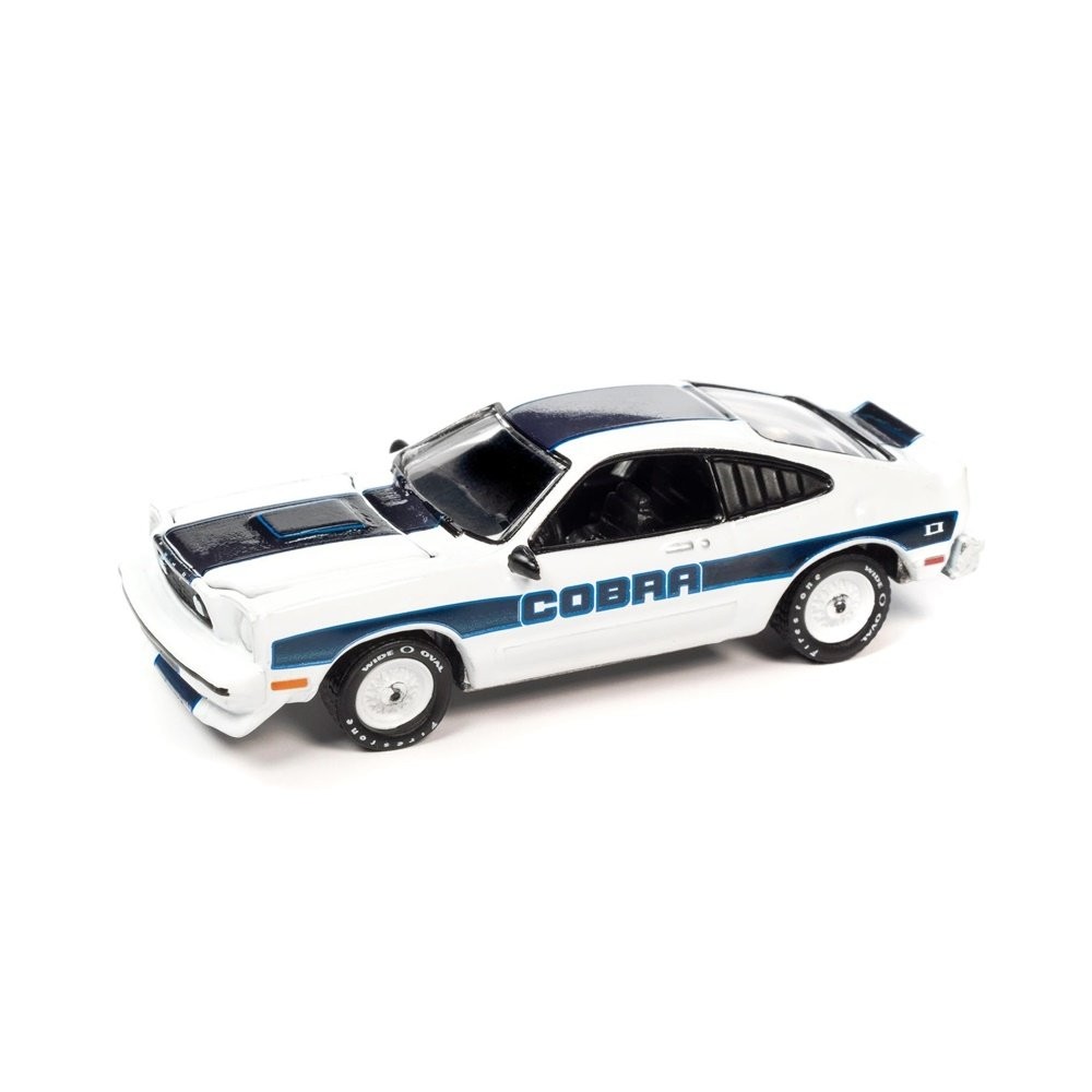Miniatura Carro Ford Mustang Cobra II (1978) - Cobra Bites Man - Classic Gold - Branco - 1:64 - Johnny Lightning