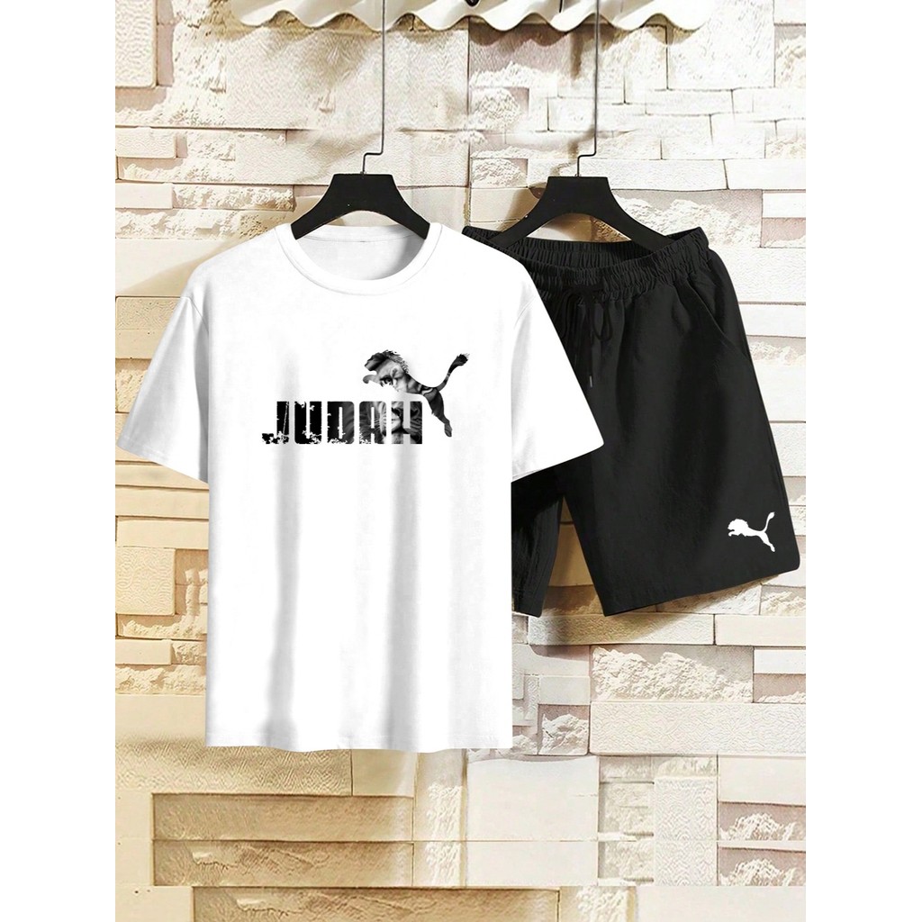 Conjunto Masculino Camiseta Streetwear Masculina + Bermuda Tactel Estampada Leão de Judah Kit