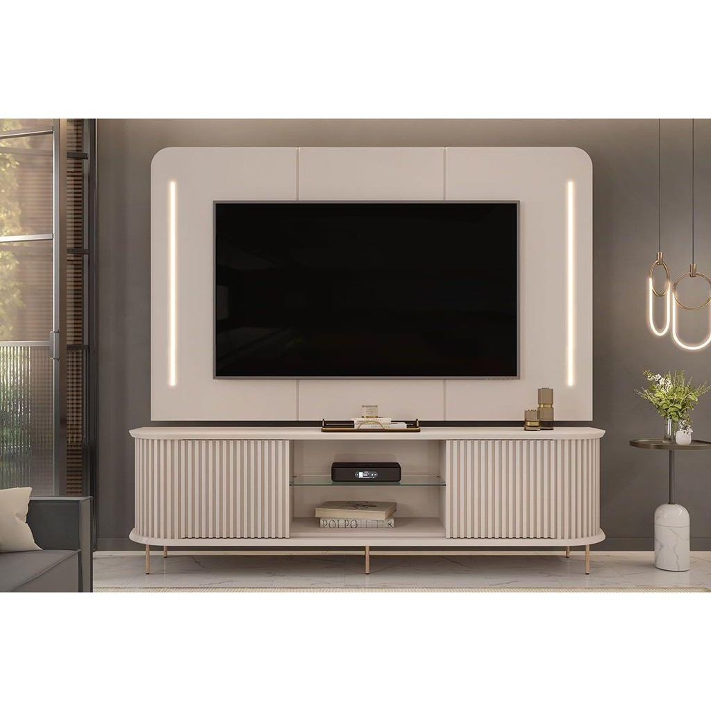 Rack Bancada c/ Painel p/ TV até 75 Pol Atlas Ripado 2 Portas 218x62cm Off White - DJ Móveis em Oferta na Shopee