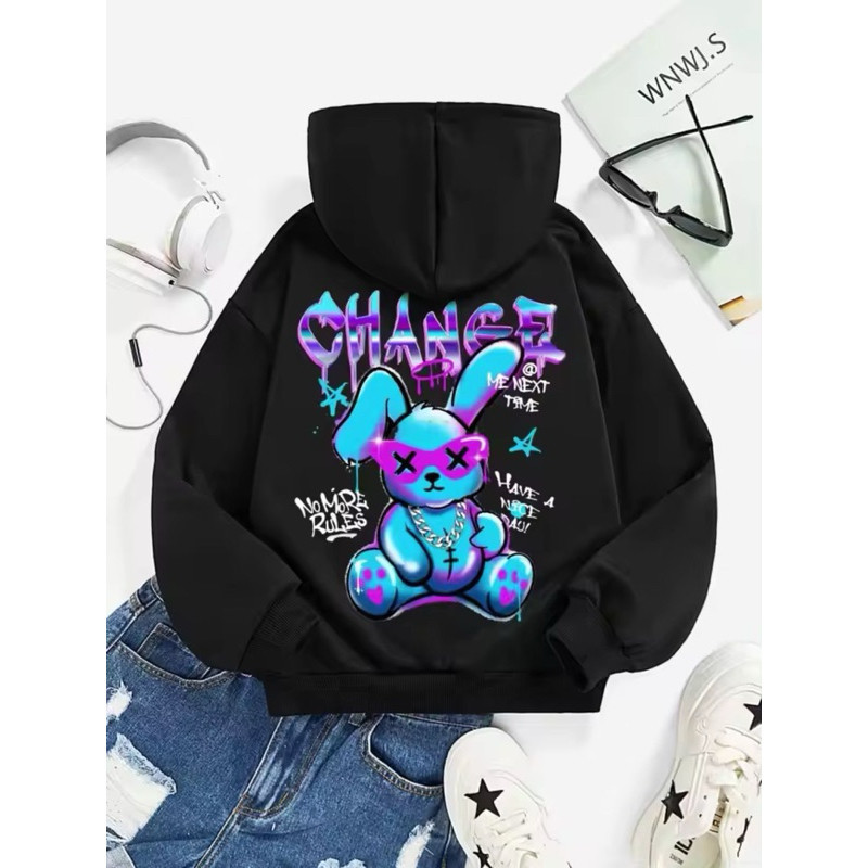 Moletom Canguru Capuz Coelho Azul Change Óculos StreetWear Moda Rua Macio Envio Rápido