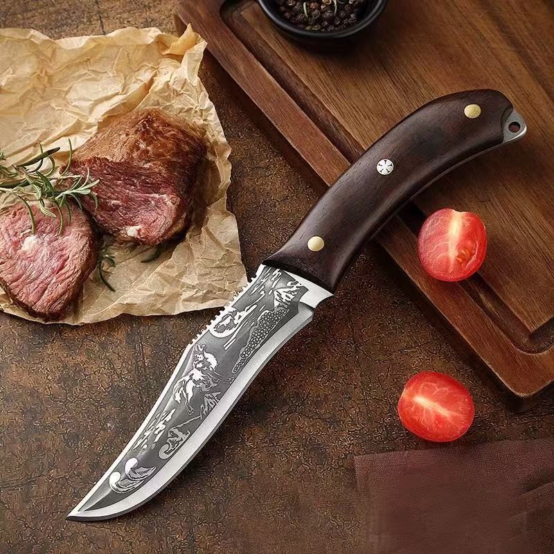 Faca Damasco 26cm Para Pesca/Churrasco e Sobrevivência Com Descamador Para Peixe, Cabo/Lamina Personalizado Lobo/Madeira
