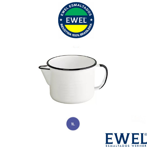 Caneca Leiteira Esmaltada Ágata 1L com Bico Ewel Branca