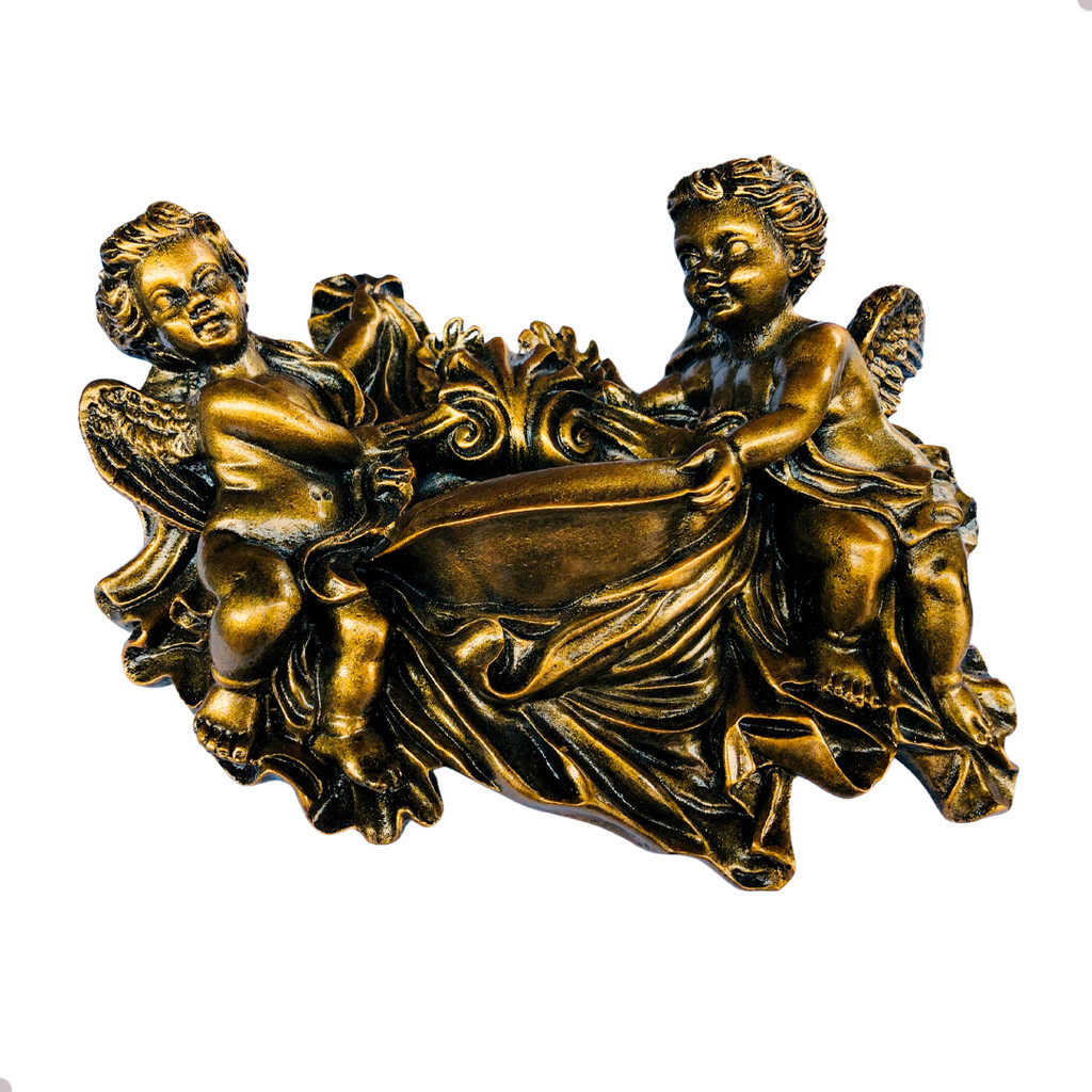 Suporte Para Água Benta Mármore Pia Anjo Bronze Lindo 17cm