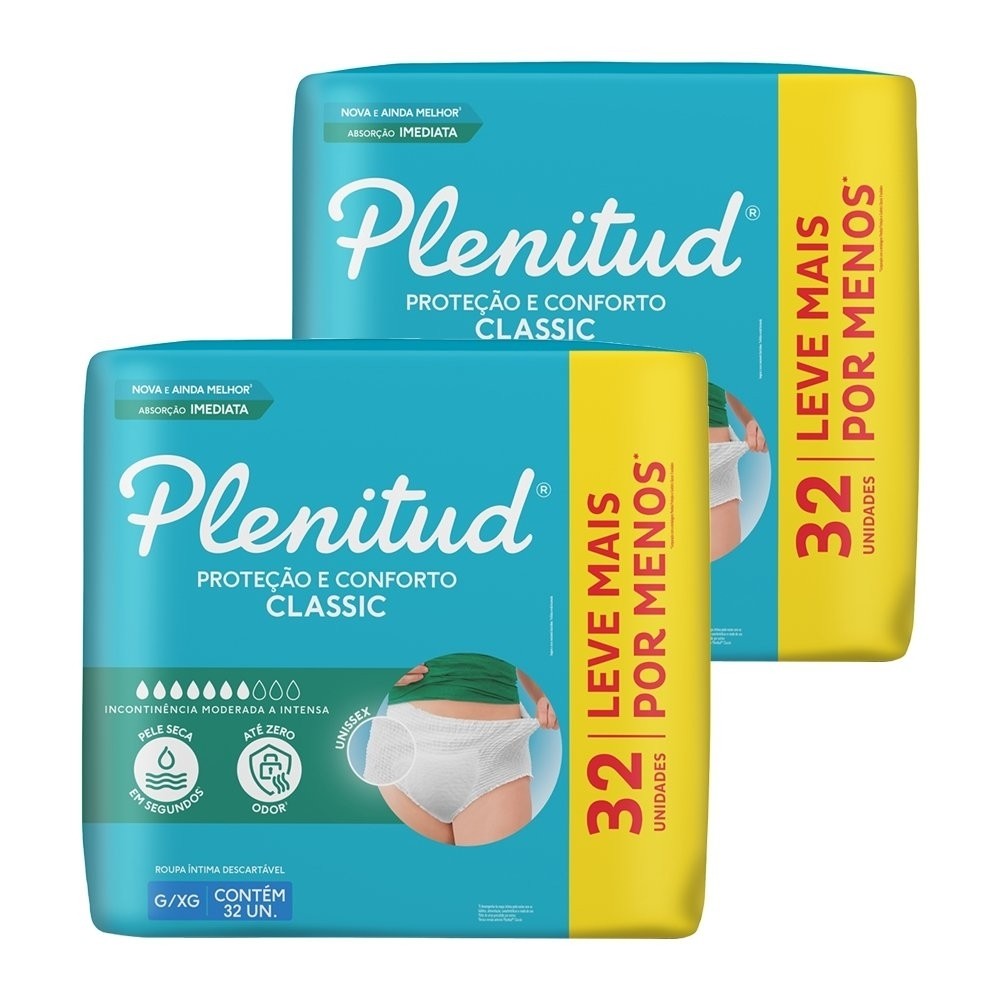 Fralda Descatável Plenitud Classic Intensa Roupa Íntima G/XG - 2 Pacotes Com 32 Unidades - Total 64 Tiras em Oferta na Shopee