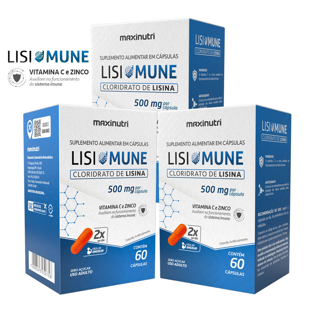 Kit 3 Lisimune Cloridrato de Lisina + Vitamina C e Zinco 60 Cáps Maxinutri